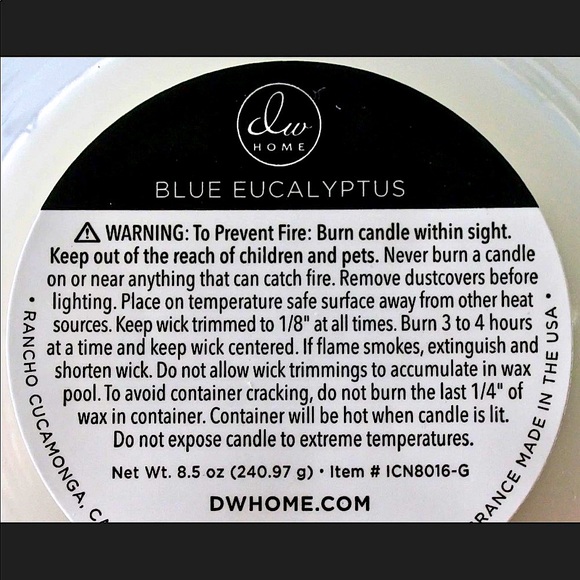 DW HOME CANDLE BLUE EUCALYPTUS VIVID COLLECTION NEW 1 WICK SOYWAX - Picture 4 of 5